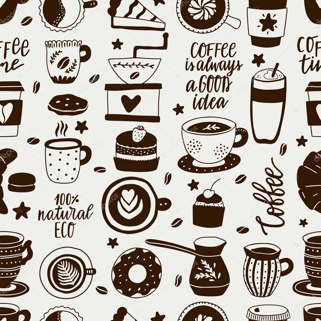 Seamless pattern of coffee. Background for restaurant or cafe menu, shop wrapping paper. Vector hand-drawn illustration.