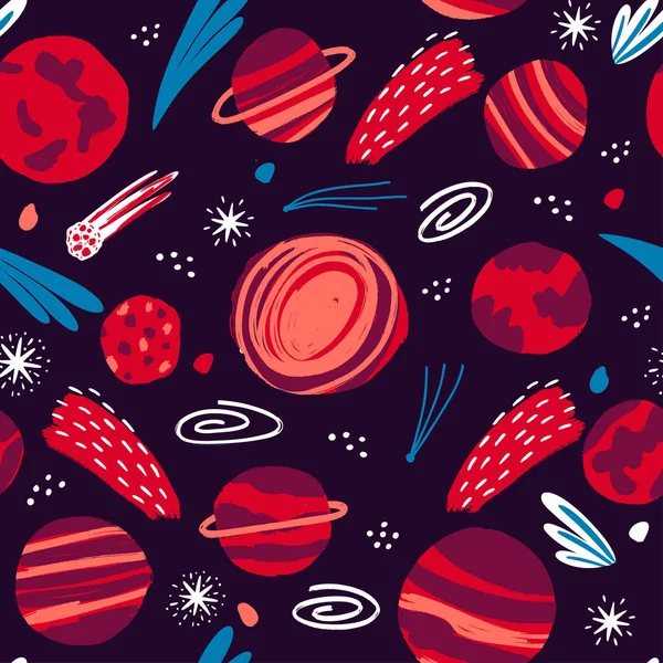 Hand Drawn Space Elements Seamless Pattern Galaxy Exploration Cartoon Illustration — Stock Vector