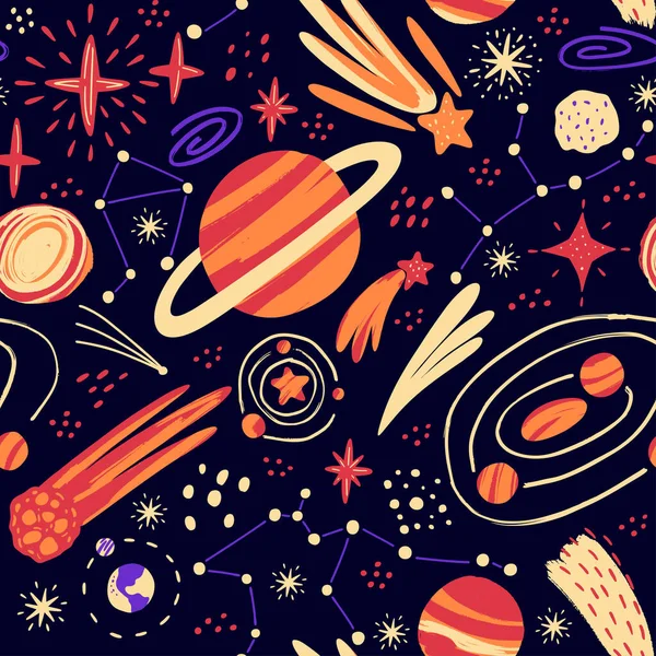 Çizimi Uzay Elementleri Kusursuz Desen Çocuklar Için Alan Arkaplanı Tekstil — Stok Vektör