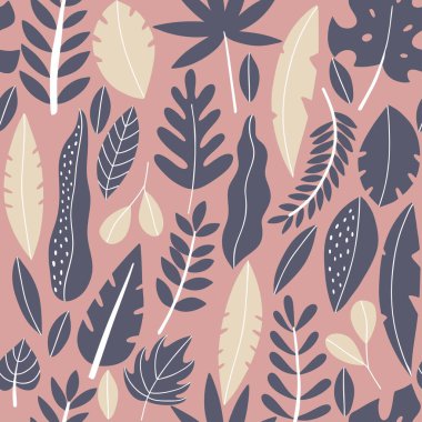 Elle çizilmiş, pürüzsüz desen bırakıyor. Egzotik, tropikal bitki ambalajlı kağıt tekstili. Vektör pastel renk çizimi.