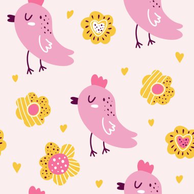 Çiçekli, kuşlu, pürüzsüz tatlı bahar desenleri. Tebrik kartı, poster, ambalaj kağıdı tasarımları için iyi. Vektör illüstrasyonu.