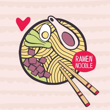 Doodle Ramen. Asya yemekleri. El ilanları, afişler, davetiyeler, restoran ya da kafe menüsü tasarımı için arka plan. El çizimi illüstrasyon.