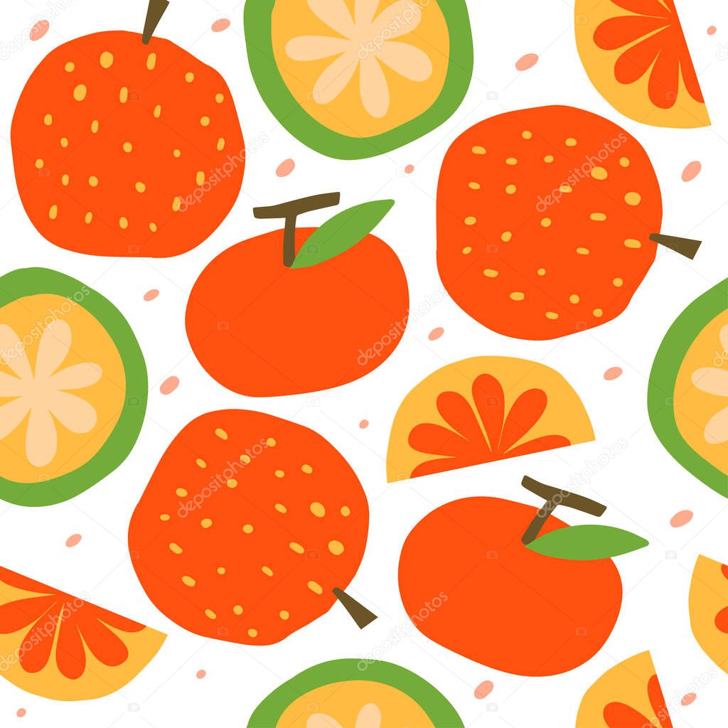 Seamless pattern with oranges. Modern textile, greeting card, poster, wrapping paper designs. Hand-drawn illustration.