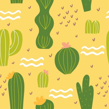 Kaktüs ve soyut elementlerle hoş, pürüzsüz bir desen. Çiçekli tekstil, kumaş, ambalaj kağıdı tasarımı. Ev bitkileriyle vektör illüstrasyonu.