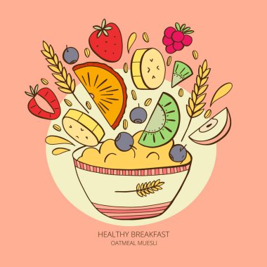 Yulaf ezmeli müsli ile vektör şablonu. Kahvaltıda organik atıştırmalık sağlıklı tahıl gevreği. Yulaf ezmesi müsli 'nin karikatür çizimi. 