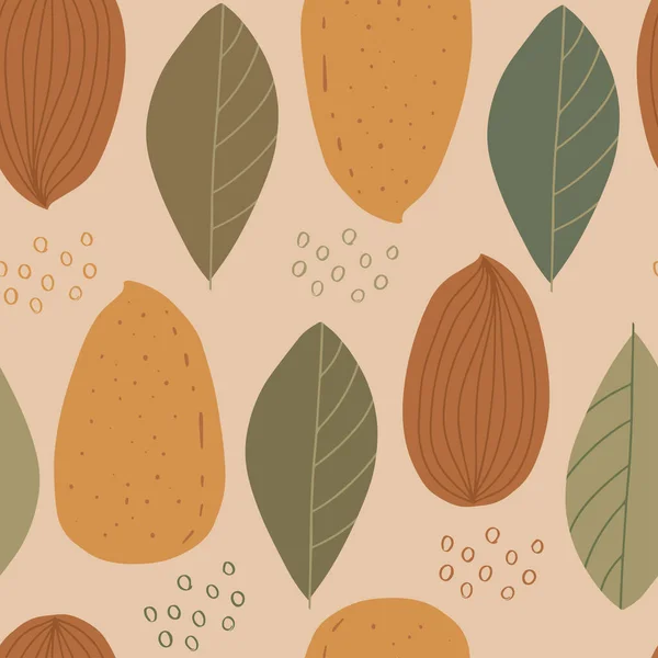 アーモンドと葉でシームレスなパターン 健康的な食事 パッケージ ラベル その他のデザインの現代的な背景 手描きイラスト — ストックベクタ