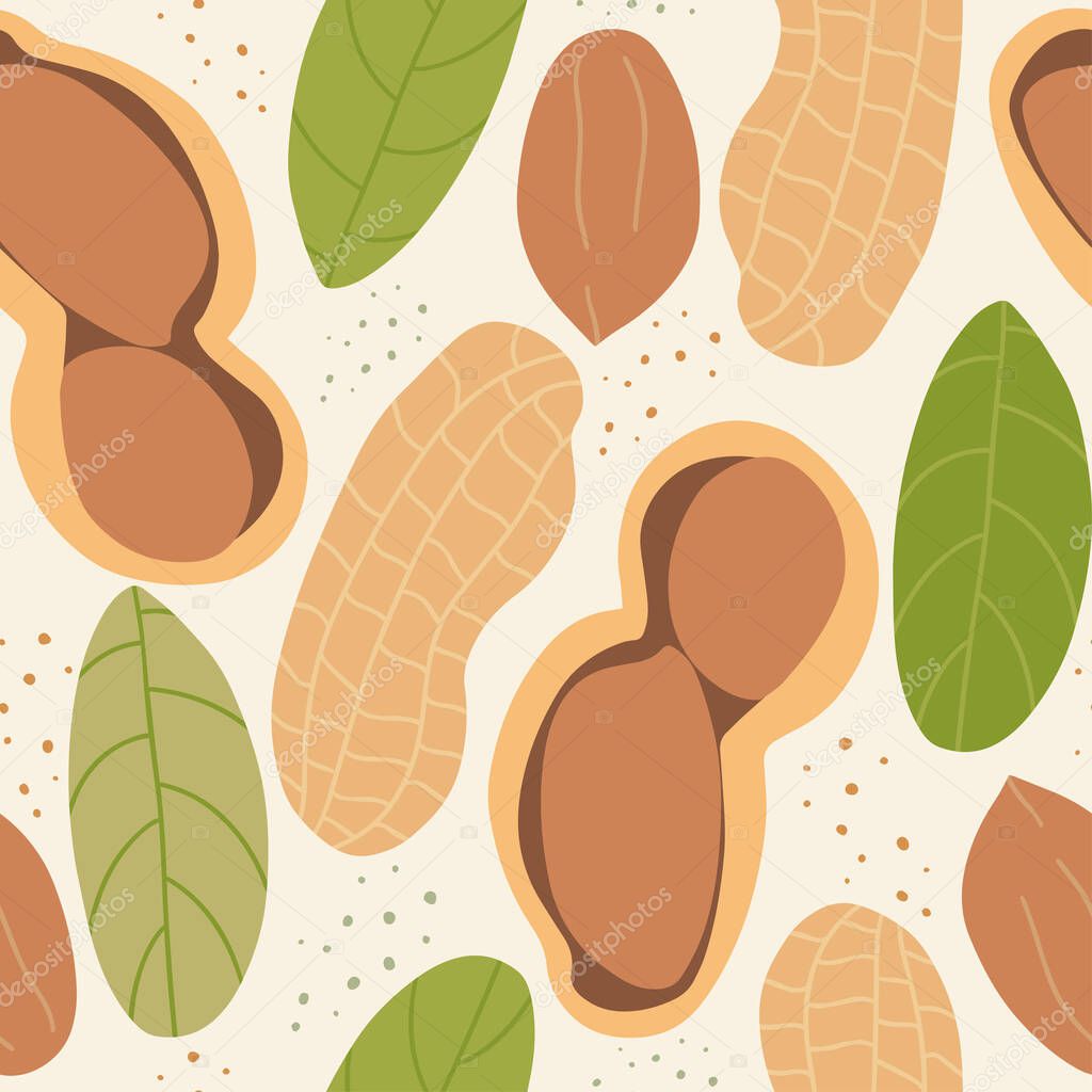Seamless pattern with peanuts and leaves. Healthy diet. Modern background for packaging, ads, labels and other designs. Vector hand drawn illustration.