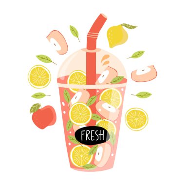  Beyaz arka planda bir bardakta yaz meyveli kokteyl. Meyve suyu zamanı. Taze organik smoothie malzemeleri. Sağlıklı diyet ya da detoks diyeti. El çizimi illüstrasyon