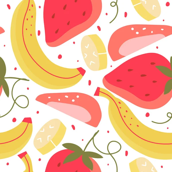 Patrón Sin Costuras Con Fresa Plátano Doodle Frutas Diseño Vectorial — Vector de stock