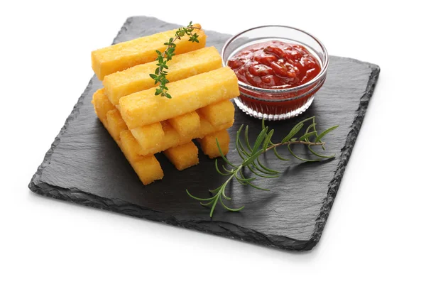 Fried polenta with dipping sauce — Stock Photo, Image