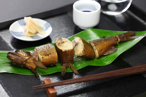 Ayu with roe simmered in soy sauce and sugar, japanese appetizer for sake — Stock Photo, Image