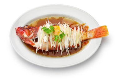 chinese steamed red grouper with ginger, scallions and soy sauce clipart