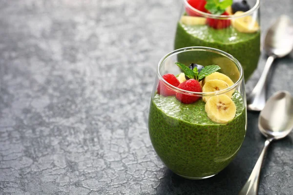 Homemade Matcha Green Tea Chia Seed Pudding Vegan Dessert — Stock Photo, Image