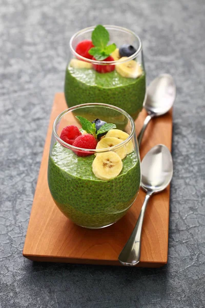 Caseiro Matcha Chá Verde Chia Semente Pudim Sobremesa Vegan — Fotografia de Stock