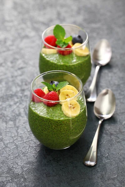 Homemade Matcha Green Tea Chia Seed Pudding Vegan Dessert — Stock Photo, Image