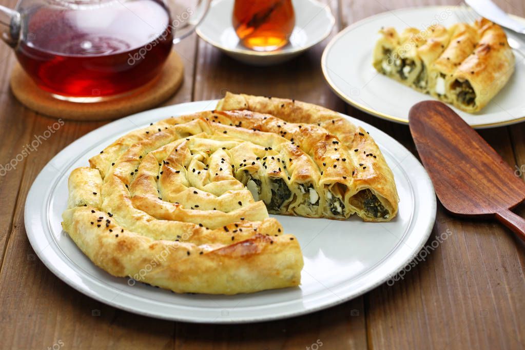 homemade rolled borek, spinach and feta cheese, turkish cuisine