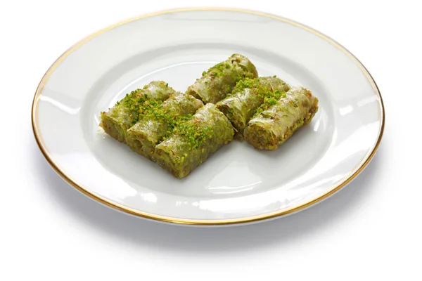 Pistache Rola Baklava Fistikli Sarma Sobremesa Tradicional Turca Isolada Fundo — Fotografia de Stock