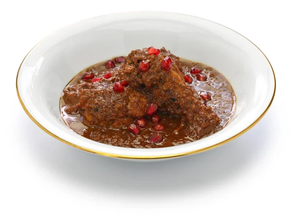 Säsong Fesenjan Morgh Kycklinggryta Med Granatäpple Valnöt Iranska Persiska Köket — Stockfoto