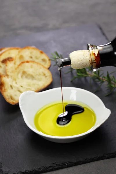 Pouring Balsamic Vinegar Olive Oil Making Dipping Sauce — Stock Photo, Image