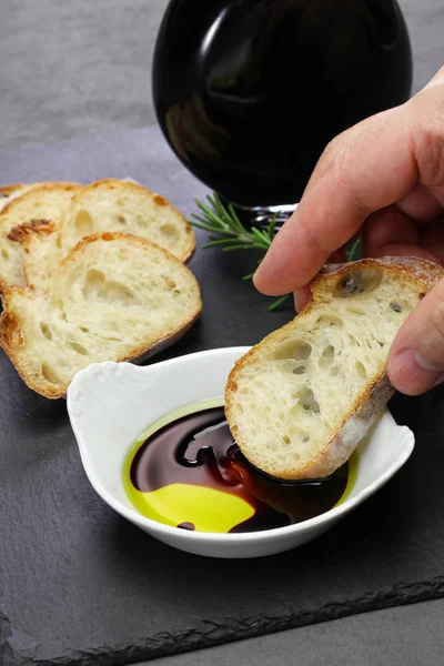 Dipping Baguette Balsamic Vinegar Olive Oil Sauce — Stock Photo, Image