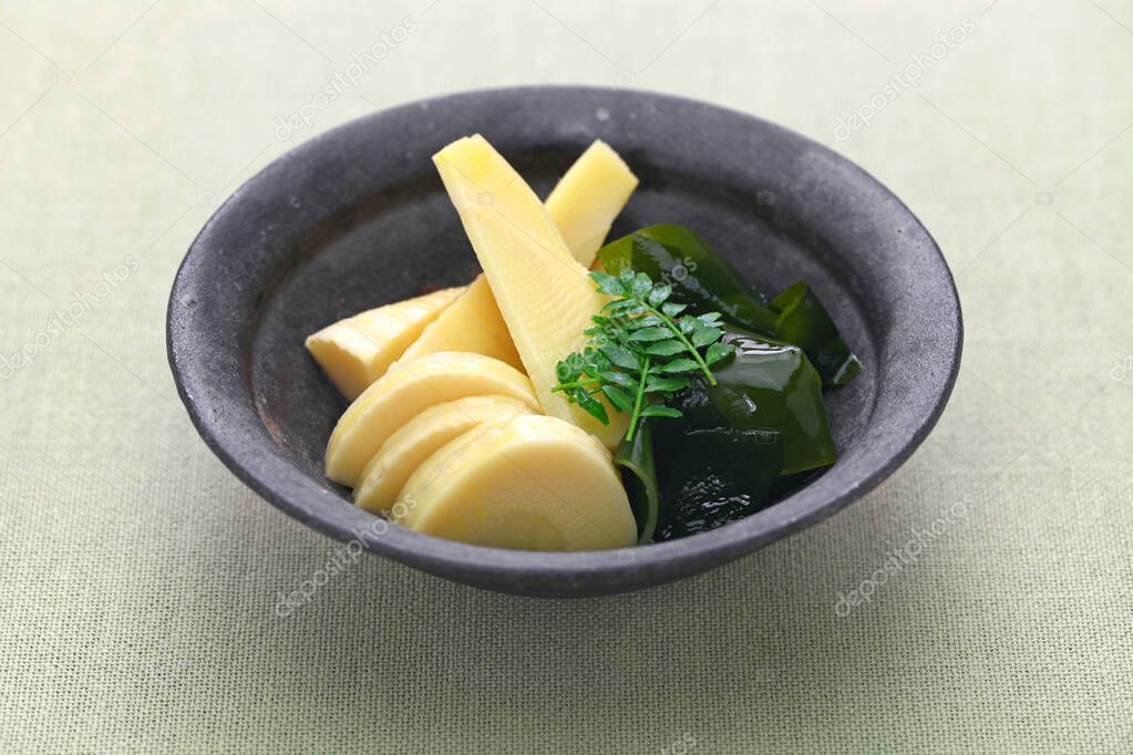 Wakatakeni, simmered young bamboo shoots with wakame seaweeds, traditional Japanese cuisine