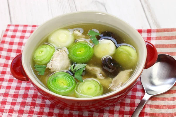 Cock a leekie soup, scottish traditional cuisine — Stock Image Cock Leekie Soup Scottish Traditional Cuisine Stock Image