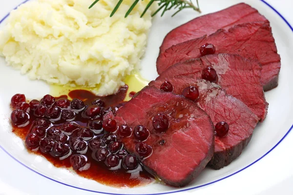 Prato Carne Veado Cozimento Sous Vide Cozimento Baixa Temperatura — Fotografia de Stock