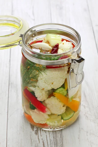 Making Homemade Pickles Cauliflower Turnip Celery Cucumber Carrot Radish Tomato — Stock Photo, Image