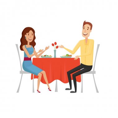 Akşam yemeği için restoranda insanlar. Düz ve çizgi film tarzı. Beyaz arka planda vektör çizimi.