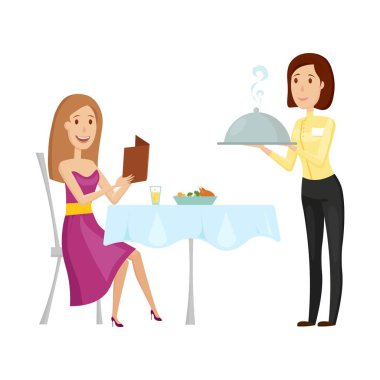 Restoranda sıcak yemek olan bir garson. Beyaz arka planda vektör çizimi. Düz ve çizgi film tarzı.