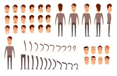 Erkek karakter oluşturma kümesi. Farklı türde yüzleri, duyguları, kıyafetleri olan simgeler. Erkek kişinin ön, yan, arka görünümü. Hareketli kollar, bacaklar. Sandalye. Kurulu. Düz ve çizgi film tarzı. Vektör çizimi.