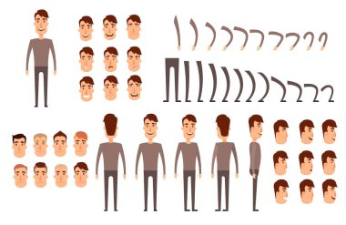 Erkek karakter oluşturma kümesi. Farklı türde yüzleri, duyguları, kıyafetleri olan simgeler. Erkek kişinin ön, yan, arka görünümü. Hareketli kollar, bacaklar. Sandalye. Kurulu. Düz ve çizgi film tarzı. Vektör çizimi.