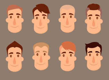 Avatarlar seti. Erkek karakterler. İnsanlar yüzleri, erkek, erkek, kişi, kullanıcı. Modern vektör illüstrasyon düz ve karikatür tarzı. Farklı arka plan.