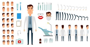 Dişçi karakter oluşturma kümesi. Farklı türde yüzleri, duyguları, kıyafetleri olan simgeler. Erkek kişinin ön, yan, arka görünümü. Hareketli kollar, bacaklar. Düz ve çizgi film tarzı. Vektör çizimi.
