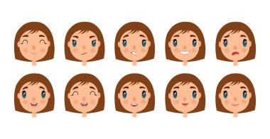 Tasarım için sevimli kız yüzleri ayarlayın. Düz ve çizgi film tarzı. Beyaz arka plan. Vektör çizimi.