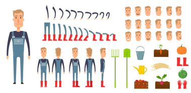 Farmer character creation set. Icons with different types of faces, emotions, clothes. Front, side, back view male person. Moving arms, legs. Chair. Board. Flat and cartoon style. Vector illustration. clipart