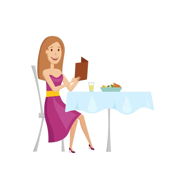 Die Frau im Restaurant zum Abendessen. flache und cartoon style.vector Illustration auf weißem Hintergrund. — Stockvektor