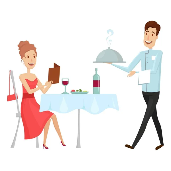 Een ober met een warm gerecht in het restaurant. Vector illustratie op een witte achtergrond. Platte en cartoon stijl. — Stockvector
