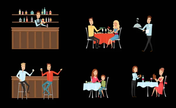 餐厅和酒吧的一组人。平面和卡通风格。不同的背景。矢量插图. — 图库矢量图片
