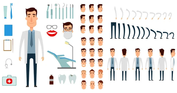 Dentist character creation set. Icons with different types of faces, emotions, clothes. Front, side, back view of male person. Moving arms, legs. Flat and cartoon style. Vector illustration. — Stock Vector