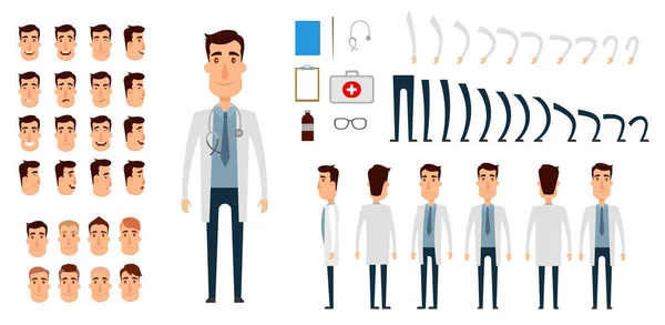 Arzt-Zeichensatz. Symbole mit verschiedenen Arten von Gesichtern, Emotionen, Kleidung. Vorder-, Seiten-, Rückansicht der männlichen Person. Arme und Beine bewegen. flach und Cartoon-Stil. Vektorillustration. — Stockvektor