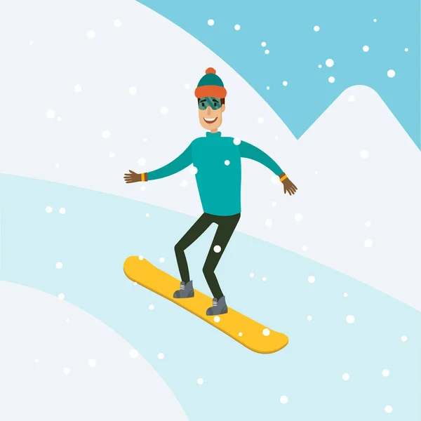 A man, boy, young person snowboarding in the mountains. Different background. Flat and cartoon style. Vector illustration.