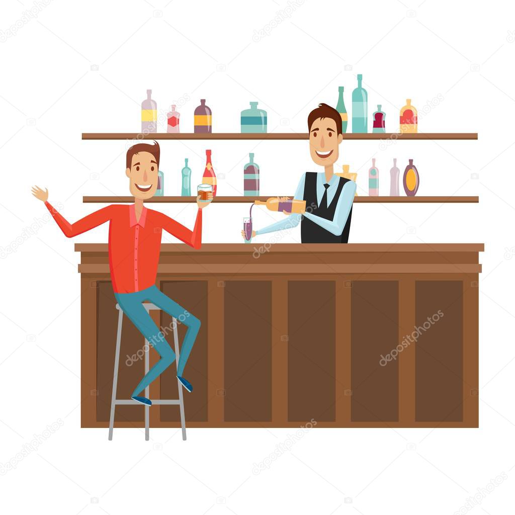 Meet and discuss at the bar with good friends. Flat and cartoon style. White background. Vector illustration