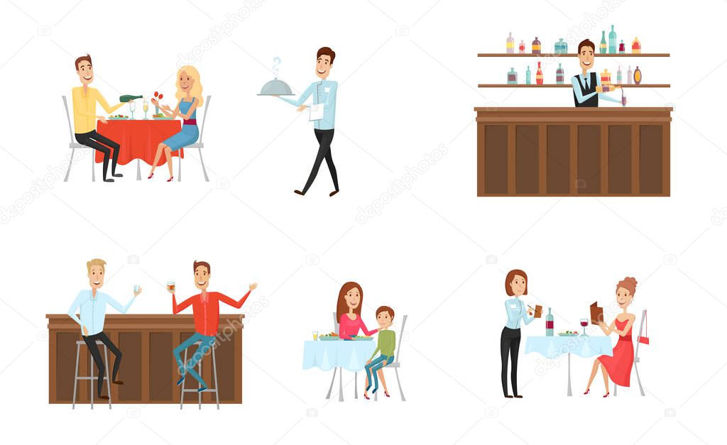 Set of people in restaurant and at the bar. Flat and cartoon style. Different background. Vector illustration.
