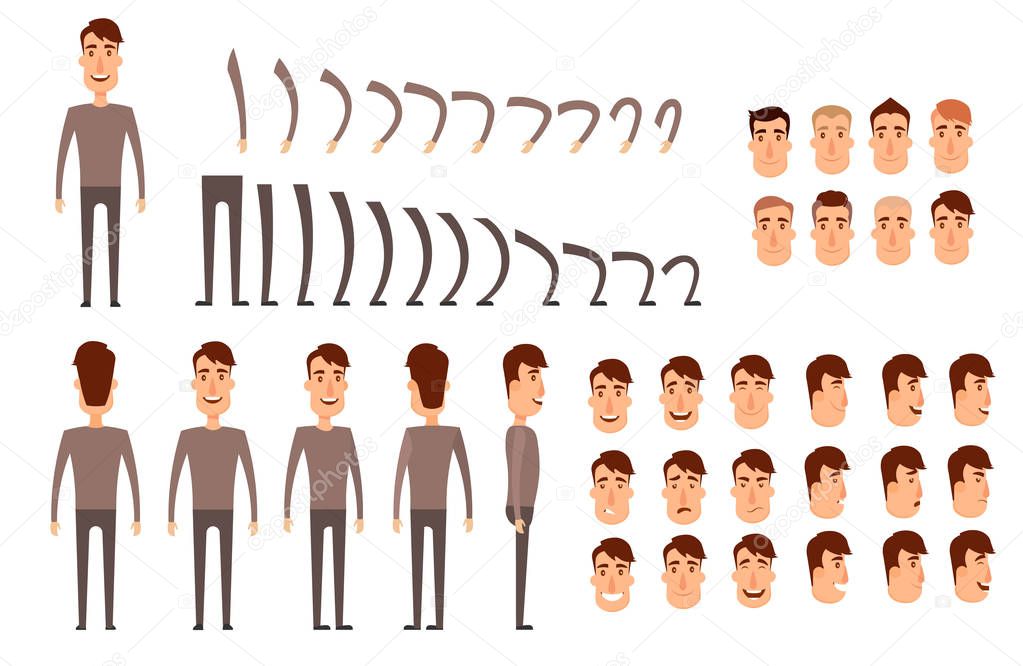 Man character creation set. Icons with different types of faces, emotions, clothes. Front, side, back view of male person. Moving arms, legs. Chair. Board. Flat and cartoon style. Vector illustration.