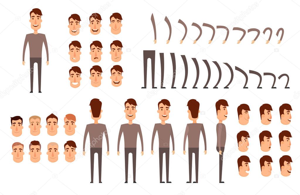 Man character creation set. Icons with different types of faces, emotions, clothes. Front, side, back view of male person. Moving arms, legs. Chair. Board. Flat and cartoon style. Vector illustration.