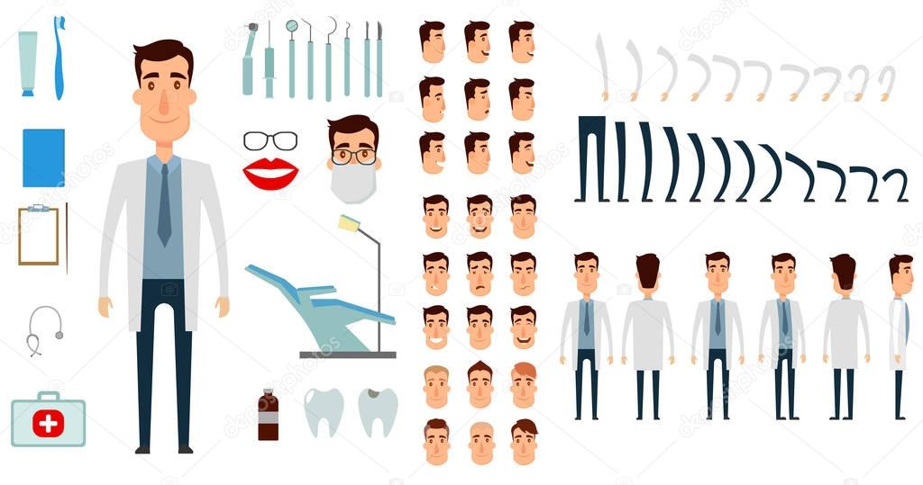 Dentist character creation set. Icons with different types of faces, emotions, clothes. Front, side, back view of male person. Moving arms, legs. Flat and cartoon style. Vector illustration.