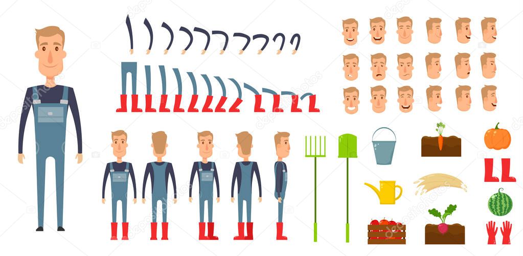 Farmer character creation set. Icons with different types of faces, emotions, clothes. Front, side, back view male person. Moving arms, legs. Chair. Board. Flat and cartoon style. Vector illustration.