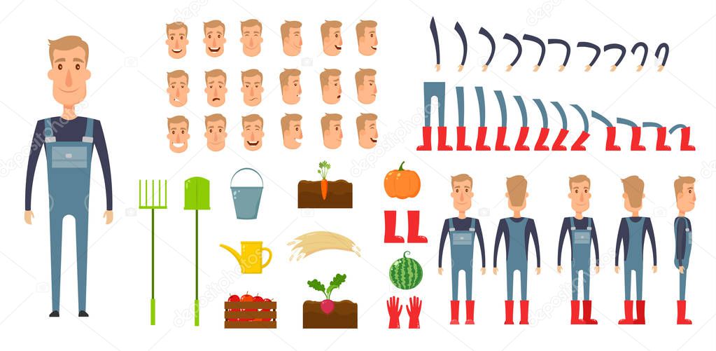 Farmer character creation set. Icons with different types of faces, emotions, clothes. Front, side, back view male person. Moving arms, legs. Chair. Board. Flat and cartoon style. Vector illustration.