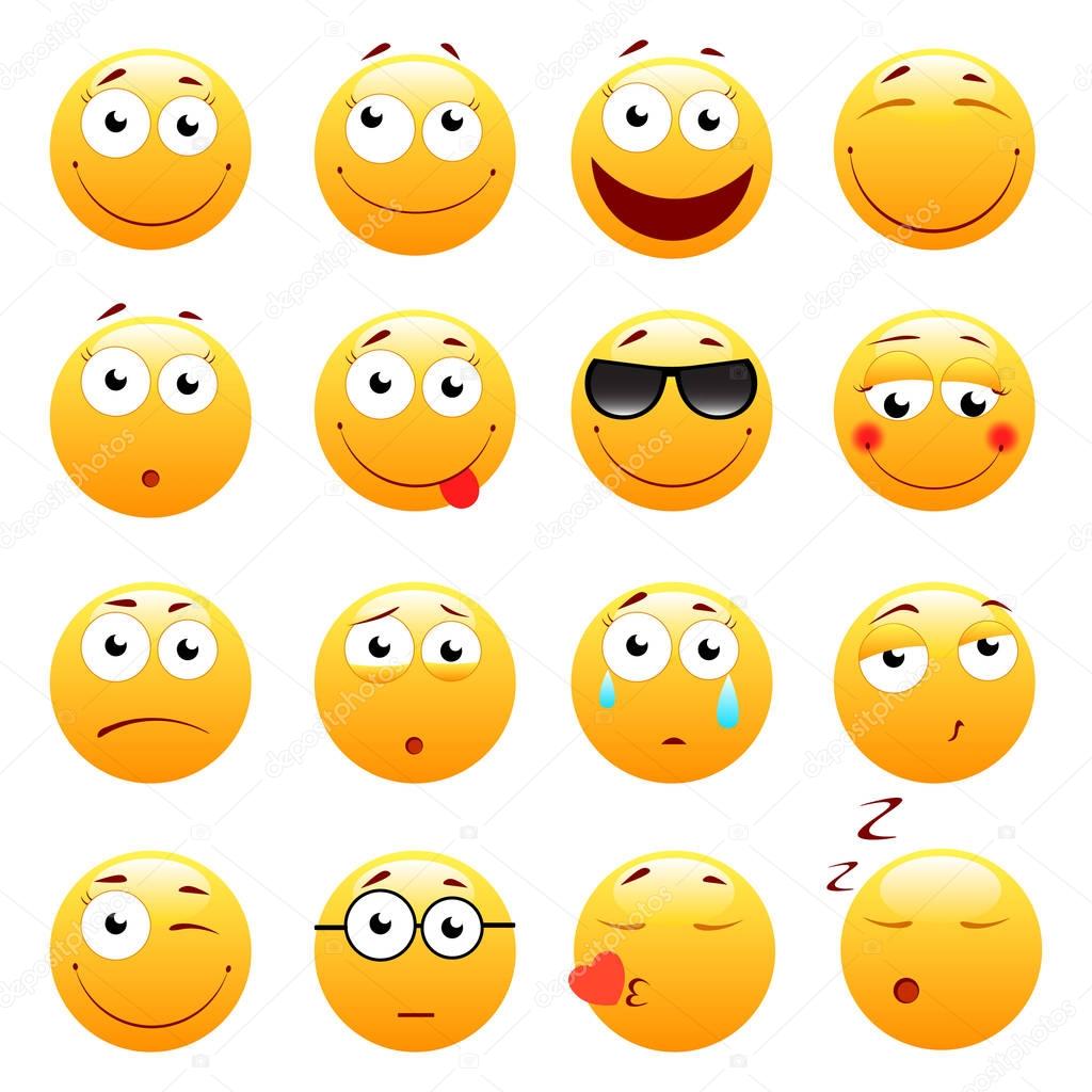 Set of 3d cute Emoticons. Emoji and Smile icons. Isolated on white background. vector illustration.